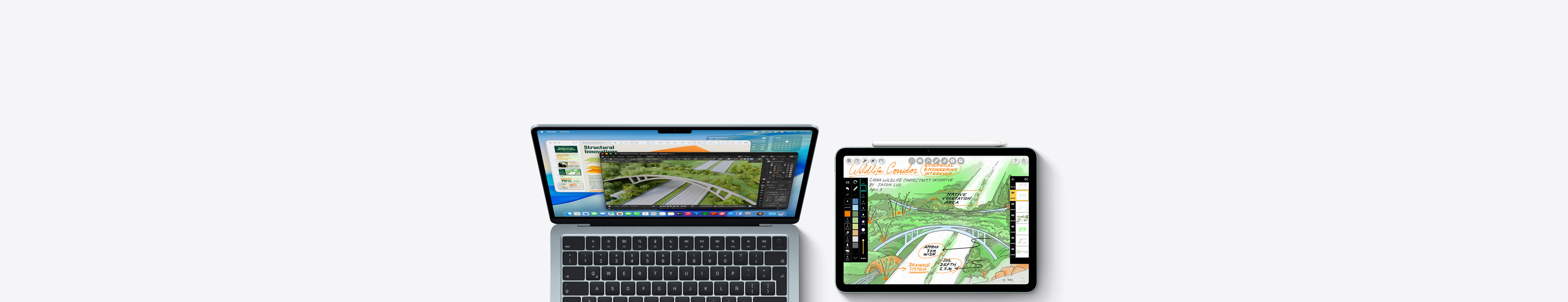 Un Mac y un iPad, en pantalla se muestran trabajos académicos en distintas apps
