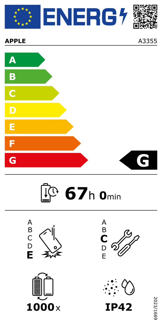 QR kód a informace na energetickém štítku EU, model Apple A3355, třída G, třídy energetické účinnosti (se stupnicí od A do G), A (nejvyšší účinnost) až G (nejnižší účinnost), výdrž baterie na jeden cyklus, 67 hodin a 0 minut na plné nabití baterie, třída spolehlivosti při opakovaném volném pádu E, A (nejvyšší odolnost) až E (nejnižší odolnost), třída opravitelnosti C, A (nejlepší opravitelnost) až E (nejhorší opravitelnost), životnost baterie 1000 cyklů, stupeň ochrany proti vniknutí prachu a vody (IP) IP42, nařízení 2023/1669