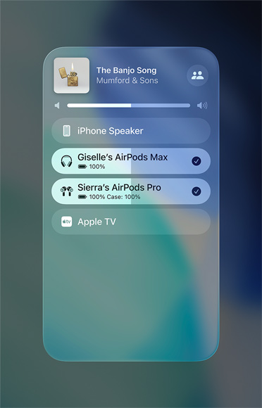 AirPlay screen on iPhone showing how to easily share an audio stream between two sets of AirPods