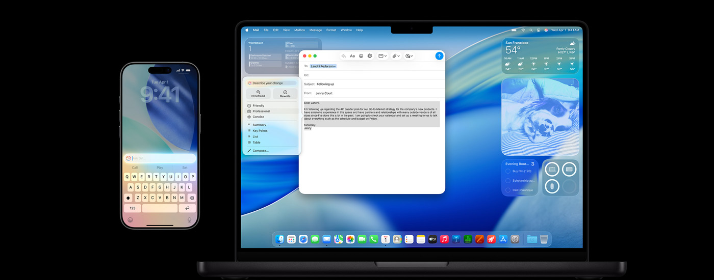 Ein iPhone und ein Mac zeigen Apple Intelligence zusammen mit dem macOS Tahoe Bildschirmschoner.