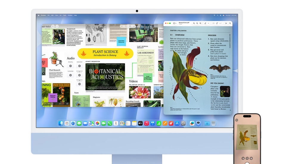 Ein iMac und ein iPhone mit farbigen Inhalten, und der iMac hat ein macOS Tahoe Hintergrundbild.
