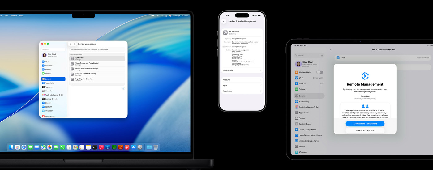 Drei Apple Geräte sind zu sehen. Auf der linken Seite zeigt ein Mac Computer ein Fenster mit der Geräteverwaltung. In der Mitte zeigt ein iPhone die Profileinstellungen für die Mobilgeräteverwaltung (MDM). Auf der rechten Seite zeigt ein iPad ein Fenster mit der Remoteverwaltung.