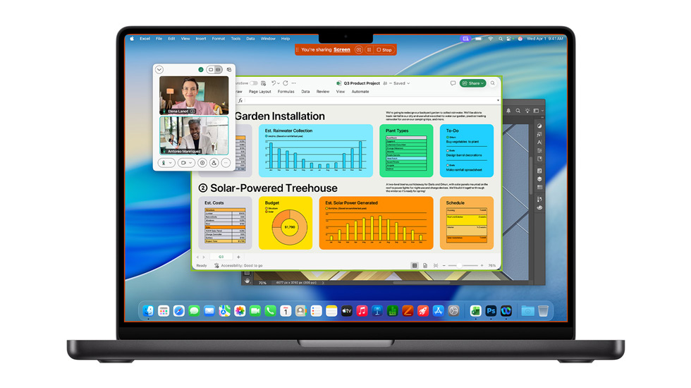 Ein Mac Bildschirm mit macOS Tahoe zeigt mehrere geöffnete Apps, darunter Webex und Excel.