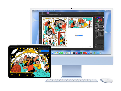 Eine auffällige und verspielte Illustration auf einem iPad und einem iMac Schreibtisch mit macOS Tahoe. Auf dem iMac ist dieselbe Illustration in einer kreativen App.