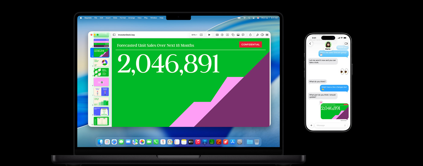 Ein Mac mit einer Präsentation und dem macOS Tahoe Hintergrundbild. Vor dem Mac ist ein iPhone mit derselben Präsentation in einer Textnachrichten-Unterhaltung.
