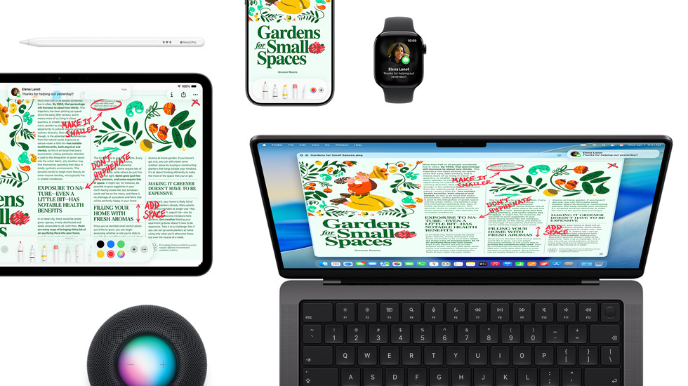 Eine Reihe von Geräten, darunter ein iPad, ein iPhone, eine Apple Watch und ein Mac mit macOS Tahoe, die alle das gleiche Magazinlayout zeigen.