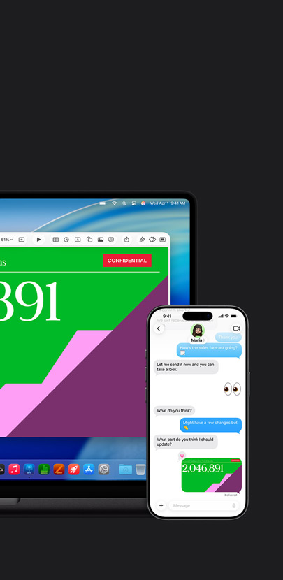 Ein Mac mit einer Präsentation und dem macOS Tahoe Hintergrundbild. Vor dem Mac ist ein iPhone mit derselben Präsentation in einer Textnachrichten-Unterhaltung.
