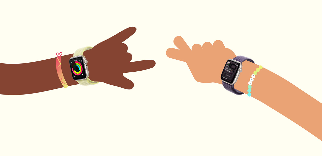 Close-up of a child wearing a backpack using an Apple Watch.