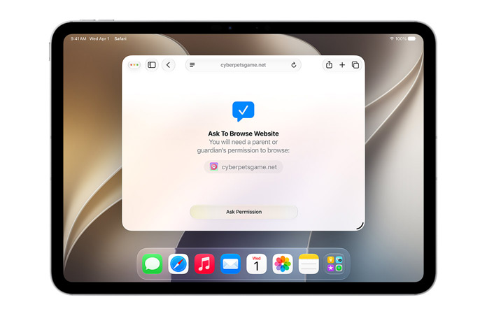 Un iPad muestra la interfaz de Pedir Permiso para Navegar con un mensaje que avisa de que se necesita permiso para navegar y debajo el botón Solicitar Permiso.