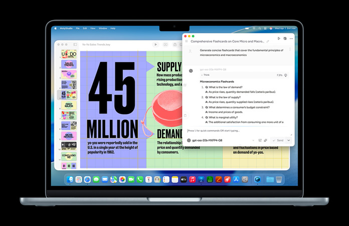 MacBook shows a Msty Studio screen featuring microeconomics flashcards, demonstrating on-device AI capabilities