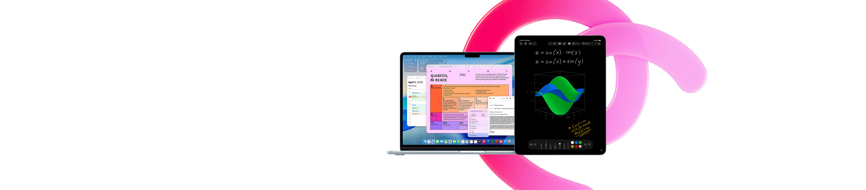 MacBook Air met Pages, Agenda, Meldingen en Mail naast een iPad met handgeschreven vergelijkingen in Wiskundenotities, om de productiviteit met ingebouwde apps te demonstreren