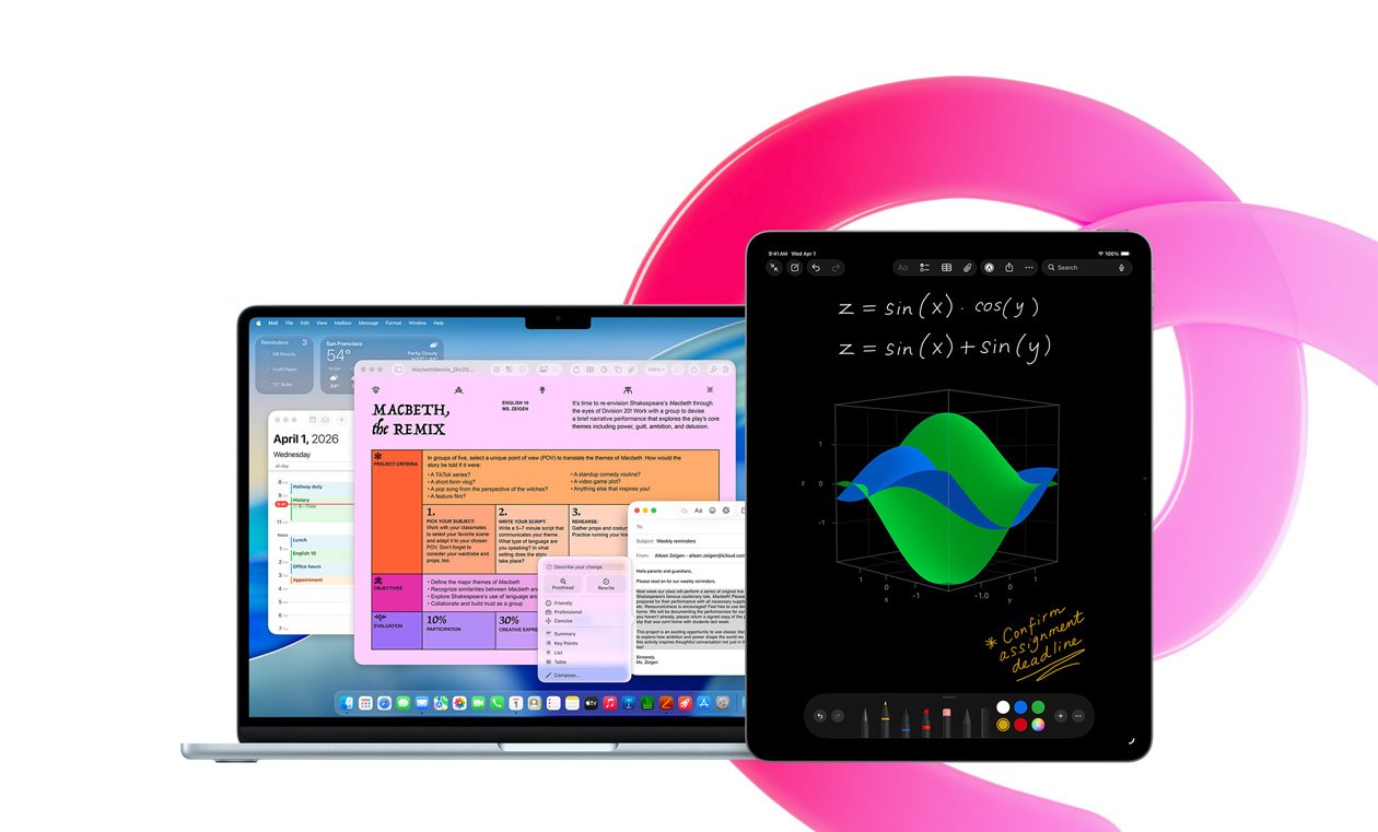 MacBook Air met Pages, Agenda, Meldingen en Mail naast een iPad met handgeschreven vergelijkingen in Wiskundenotities, om de productiviteit met ingebouwde apps te demonstreren
