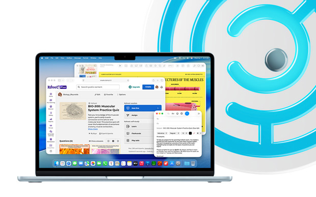 Opengeklapte MacBook in de kleur Hemelsblauw met educatieve content in Keynote en Mail en in Safari Kahoot! met ‘BIO-200 Muscular System Practice Quiz’