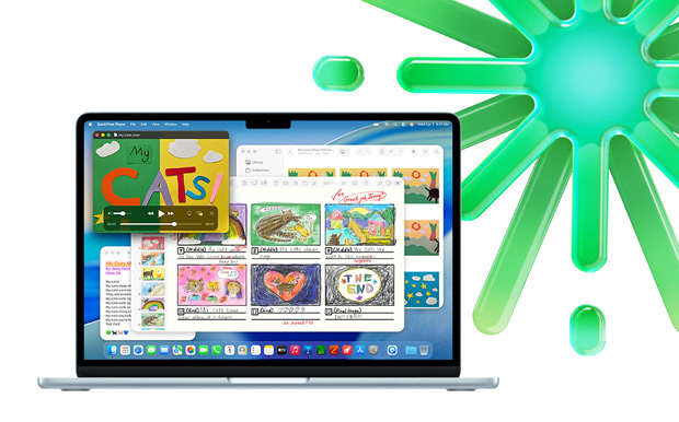 MacBook in Hemelsblauw met Quicktime, Notities, Keynote en Foto’s om te laten zien dat je kunt multitasken in meerdere apps
