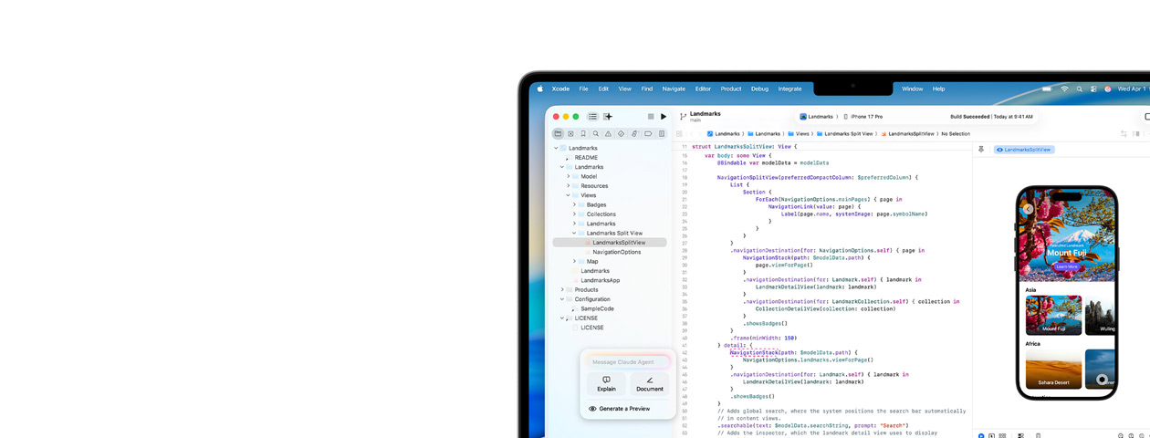 Xcode in esecuzione su Mac con l’assistente AI di programmazione Claude Agent e l’anteprima di un’app su iPhone