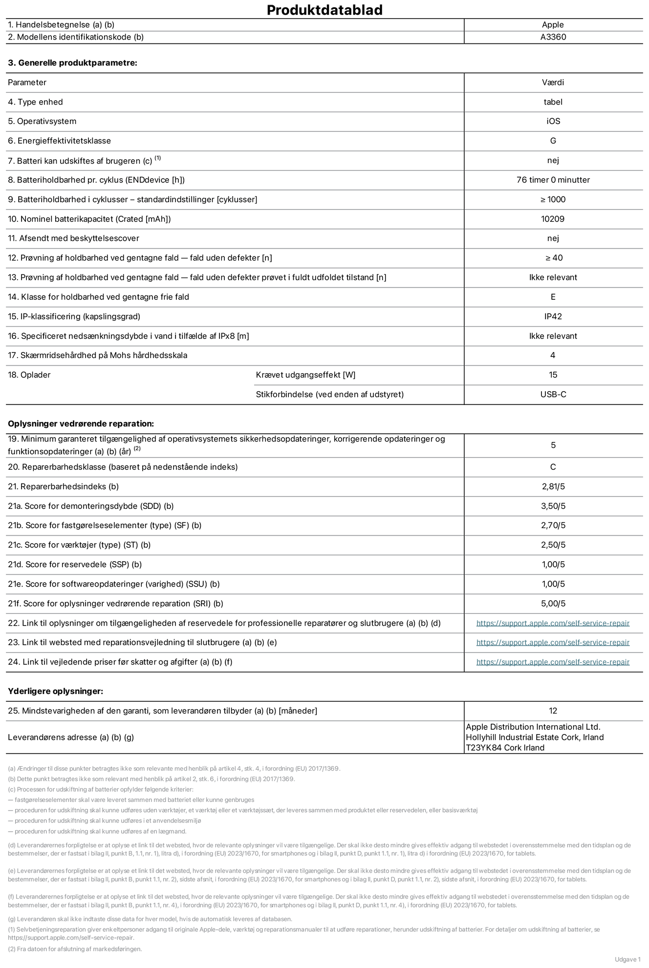 Produktdatablad til 13" iPad Pro (M5, Wi-Fi), model A3360. Leveret af Apple Distribution International Limited, Hollyhill Industrial Estate. Cork, Irland, T23 YK84. Enhedstype: tablet. Styresystem: iOS. Energieffektivitetsklasse: G. Batteri kan udskiftes af brugeren: nej. Batteritid pr. cyklus: 76 timer. Batterilevetid i cyklusser – standardindstillinger: ≥ 1000. Nominel batterikapacitet: 10.209 mAh. Leveres med beskyttelsescover: nej. Holdbarhedstest ved gentagne fald – fald uden defekt: ≥ 40. Holdbarhedstest ved gentagne fald – fald uden defekt testet i fuldt udfoldet tilstand: ikke relevant. Holdbarhedsklasse ved gentagne fald: E. Kapslingsklasse: IP42. Angivet nedsænkningsdybde i vand ved IPx8: ikke relevant. Skærmens ridsefasthed på Mohs' hårdhedsskala: 4. Påkrævet udgangseffekt for oplader: 15 watt. Opladerstiktype (på enheden): USB-C. Garanteret minimumsperiode for tilgængelighed af sikkerhedsopdateringer, fejlrettelser og funktionsopdateringer til styresystemet: 5 år. Reparerbarhedsklasse: C. Reparationsindeks: 2,81/5. Score for demonteringsdybde (SDD): 3,50/5. Score for fastgørelseselementer: 2,70/5. Score for værktøj: 2,50/5. Score for reservedele: 1,00/5. Score for softwareopdateringer: 1,00/5. Score for reparationsoplysninger: 5,00/5. Weblink til oplysninger om tilgængeligheden af reservedele for professionelle reparatører og slutbrugere: https://support.apple.com/self-service-repair. Weblink til vejledning i reparation for slutbrugere: https://support.apple.com/self-service-repair. Weblink til vejledende priser før skatter og afgifter: https://support.apple.com/self-service-repair. Produktet er omfattet af 12 måneders garanti.