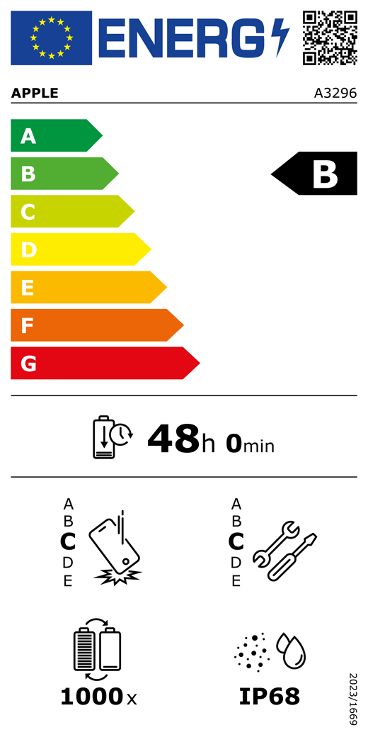 EU-energielabel, QR-code en informatie, Apple model A3296, klasse B, energie-efficiëntieklassen (met schaal van A tot G), A (meest efficiënt) tot G (minst efficiënt), batterijduur per cyclus, 48 uur en 0 minuten per keer volledig opladen, betrouwbaarheidsklasse C bij herhaaldelijke vrije val, A (meest robuust) tot E (minst robuust), repareerbaarheidsklasse C, A (gemakkelijkst repareerbaar) tot E (moeilijkst repareerbaar), levensduur batterij 1000 cycli, classificatie IP68 voor bescherming tegen binnendringen van stof en water (IP), verordening 2023/1669.