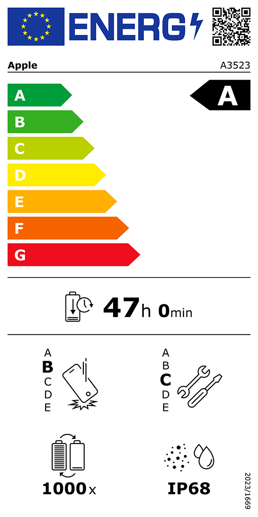 EU-Energielabel, QR Code und Informationen, Apple Modell A3523, Klasse A, Energieeffizienzklassen (auf einer Skala von A bis G), A (am effizientesten) bis G (am wenigsten effizient), Batterielaufzeit pro Zyklus, 47 Std. und 0 Min. pro voller Batterieladung, Sturzfestigkeit Klasse B für wiederholten freien Sturz, A (am robustesten) bis E (am wenigsten robust), Reparierbarkeit der Klasse C, A (am besten reparierbar) bis E (am wenigsten reparierbar), Batteriehaltbarkeit 1.000 Ladezyklen, Schutzart gegen Eindringen von Staub und Wasser (IP) IP68, Verordnung 2023/1669.