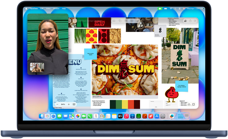 Ecrã do MacBook Neo na cor índigo com uma videochamada em curso, a janela do Freeform com uma ementa, uma fotografia de comida e ilustrações para um restaurante de dim sum