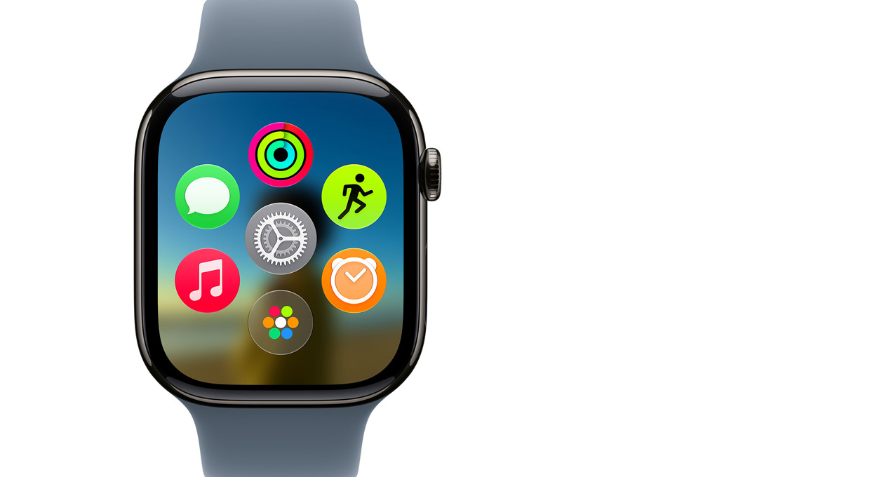 Apple Watch Series 11 i skiferfarvet titanium, der viser den dynamiske app-oversigt.