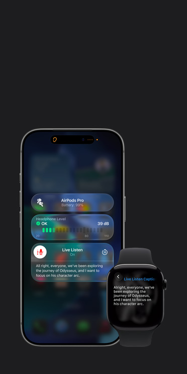 iPhone 17 Pro 螢幕展示使用中的即時聆聽環節，並帶有所得音訊的字幕；Apple Watch Series 11 螢幕展示同一音訊的即時字幕。