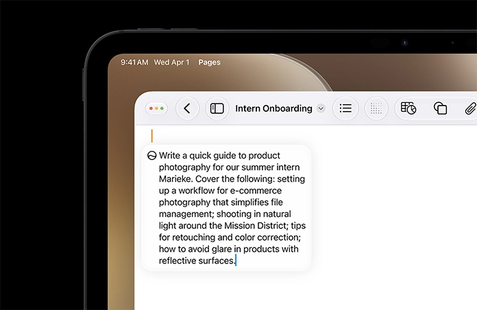 Top left corner of iPad, screen displays open Pages document, prompt for Write with Siri to draft copy