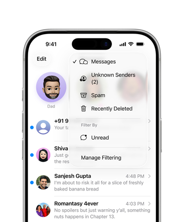 iPhone, top two-thirds only, screen shows Messages app with the new screening tools overlay menu feature