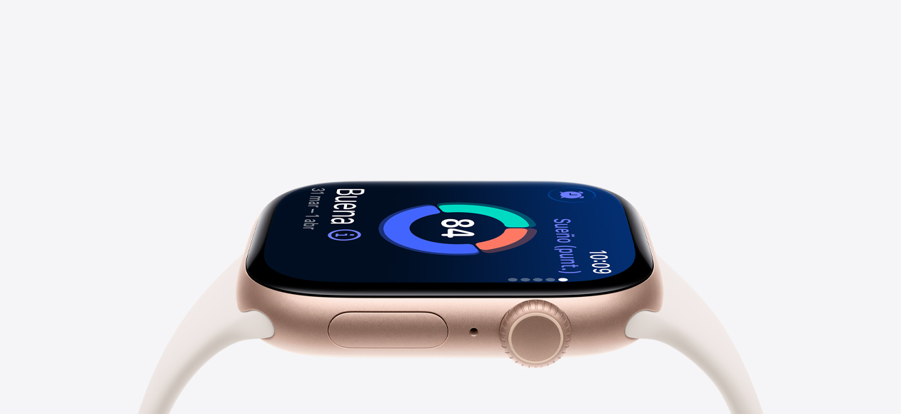 Apple Watch Series 11, color oro rosa, caja de aluminio, Puntuación de Sueño, parte lateral derecha, Digital Crown, micrófono, botón lateral, correa deportiva blanco estelar.