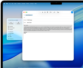 MacBook Air ekrāns, kurā Apple Intelligence Writing Tools funkcija raksta e-pastu