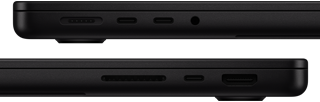 صورة تعرض منافذ MacBook Pro - الجهة اليسرى: MagSafe 3، و2 من منافذ ثندربولت، ومقبس لسماعات الرأس - الجهة اليمنى: فتحة بطاقة SDXC، ومنفذ ثندربولت واحد، وHDMI‏‏