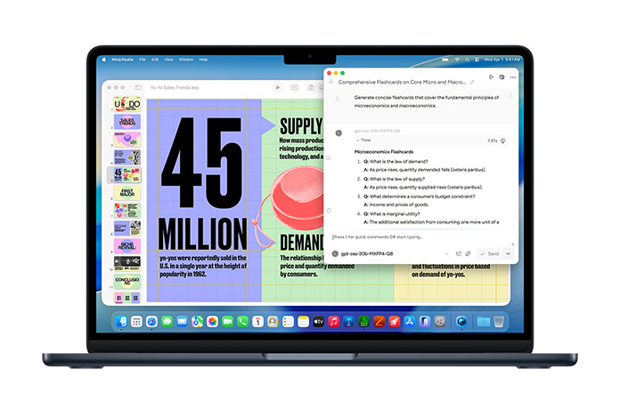 MacBook shows a Msty Studio screen featuring microeconomics flashcards, demonstrating on-device AI capabilities