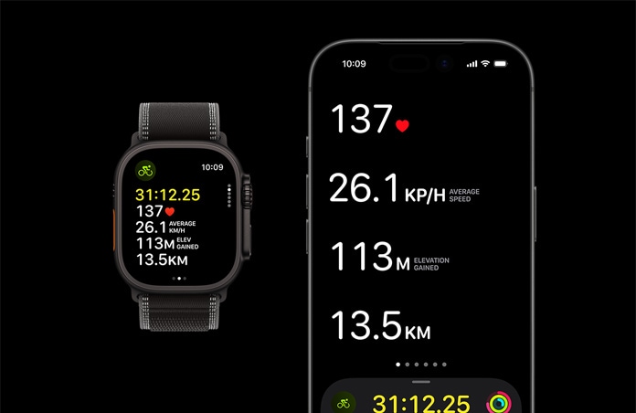 Parametry trwającego treningu wyświetlone na Apple Watch Ultra 3 i iPhonie