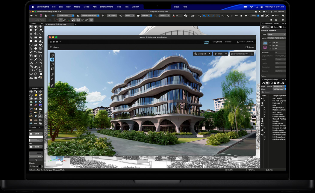 Ekran MacBooka Pro przedstawiający pakiet Vectorworks Design Suite w aplikacji Maxon Redshift