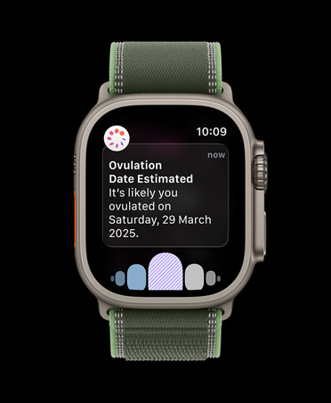 Apple Watch Ultra 3, natural titanium case, ovulation date estimation notification from Cycle Tracking in Health app, strap, Trail Loop, blue/bright blue