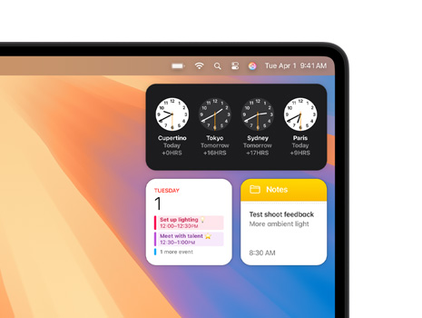 Plusieurs widgets sur le bureau d’un Mac, notamment Horloge, Calendrier et Notes.
