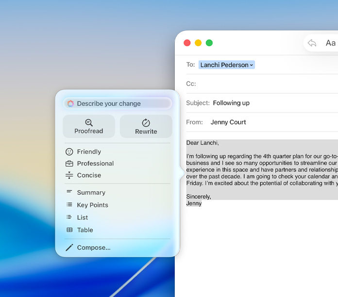 郵件 app 搭配 Apple Intelligence 書寫工具面板，面板上顯示校對、改寫和調整語氣等選項