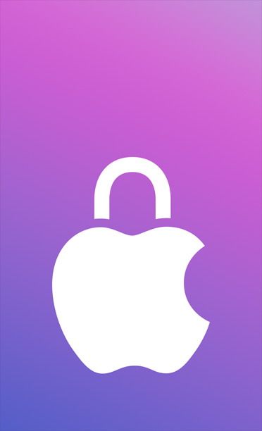 Apple 標誌搭配鎖頭圖像，背景為紫色漸層