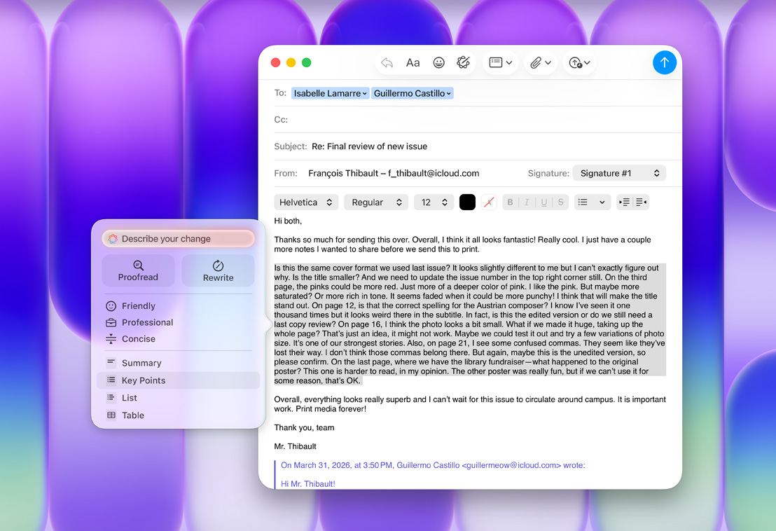 郵件 app 內使用 Apple Intelligence 書寫工具面板，醒目顯示重點選項