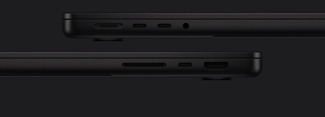 MacBook Pro 連接埠：左側為 MagSafe、兩個 Thunderbolt 埠與耳機插孔；右側為 SDXC 、Thunderbolt 埠與 HDMI