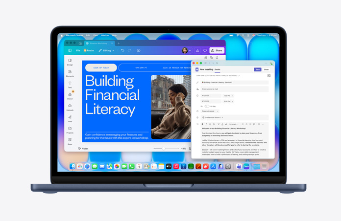 午夜色 MacBook Neo，螢幕上顯示一個有標題為「Building Finacial Literacy」的網頁，頁面上有一張人物照片，一封開啟的電子郵件草稿，選單列上有不同的圖像，下方 Dock 有一排 app 圖像