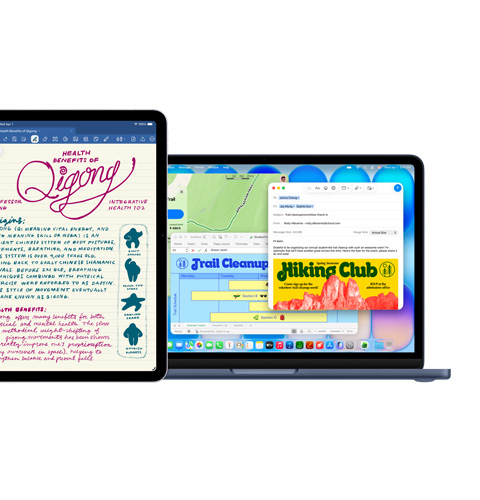 iPad 螢幕顯示 Goodnotes，Mac 螢幕則展示同時使用多款 app
