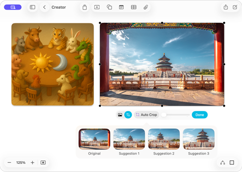 La pantalla muestra la app Freeform con dos prestaciones de Apple Creator Studio: generación de imágenes y recorte automático.