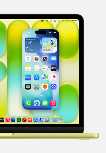 MacBook, Vorderansicht, Bildschirm zeigt die iPhone Synchronisierung, bei der Benutzer das iPhone vom Mac aus steuern können.