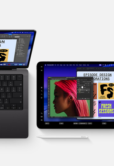 MacBook 和配備 Apple Pencil 的 iPad，螢幕顯示相同的平面設計軟體，展現裝置間的接續互通功能