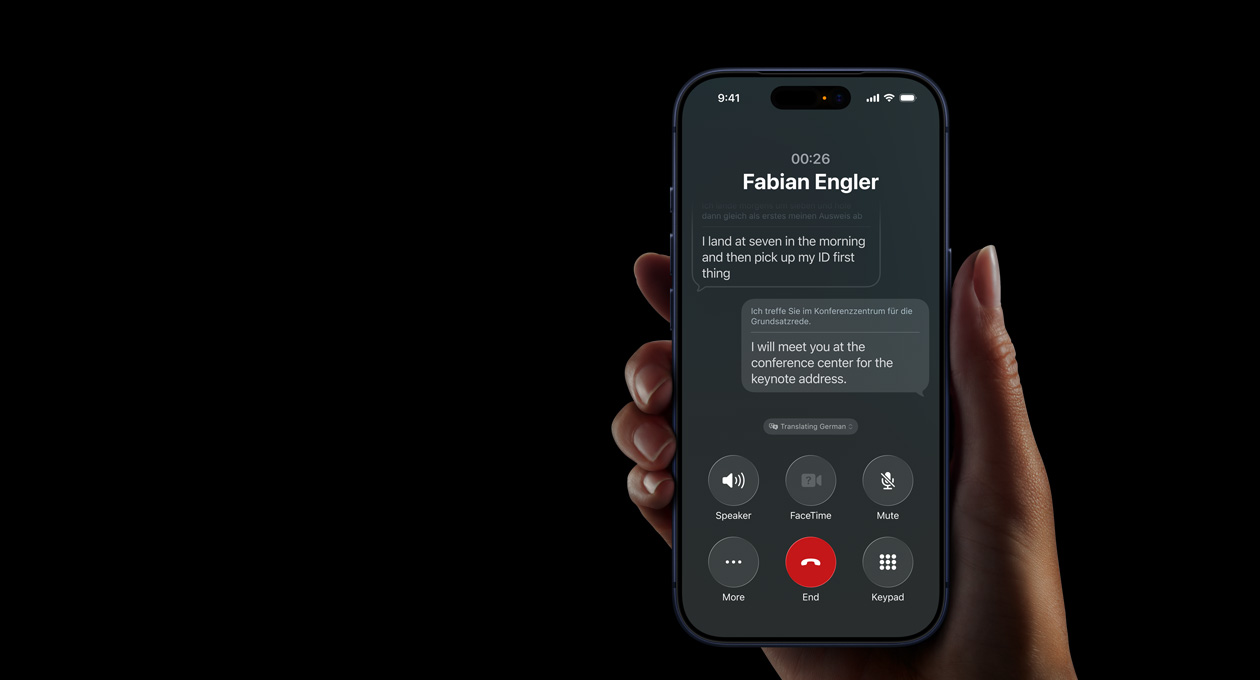 A hand holds iPhone 17 Pro, demonstrating the Apple Intelligence Live Translation feature during a phone call.