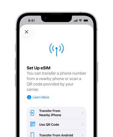 iPhone 17e vist forfra med funktionen Indstil eSIM, der kan bruges til at overføre et telefonnummer fra en telefon i nærheden eller ved at scanne en QR-kode