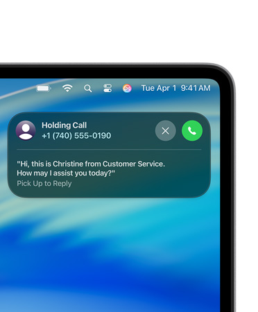 Right corner of a Mac screen with Hold Assist Live Activity indicating the user is on hold with a customer service representative