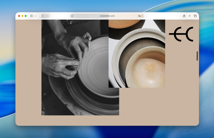 หน้าเว็บเกี่ยวกับเครื่องปั้นดินเผาเซรามิกใน Safari ที่ออกแบบใหม่, มีแถบเครื่องมือโฉมใหม่ค่อยๆ ปรับสีให้เข้ากับหน้าเว็บนั้น