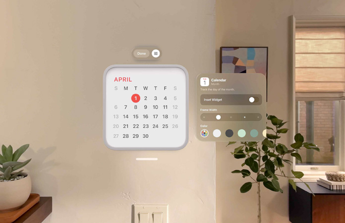 Calendar widget reading "April 1st" floats on a wall; a reminder widget floats above; to the right float personalization options to change the frame’s thickness and colour
